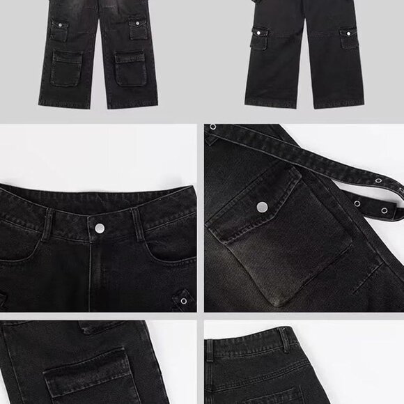 Unisex Black Baggy Cargo Pants - Trendy Wide Leg Streetwear for All Seasons - Picture 4 of 5